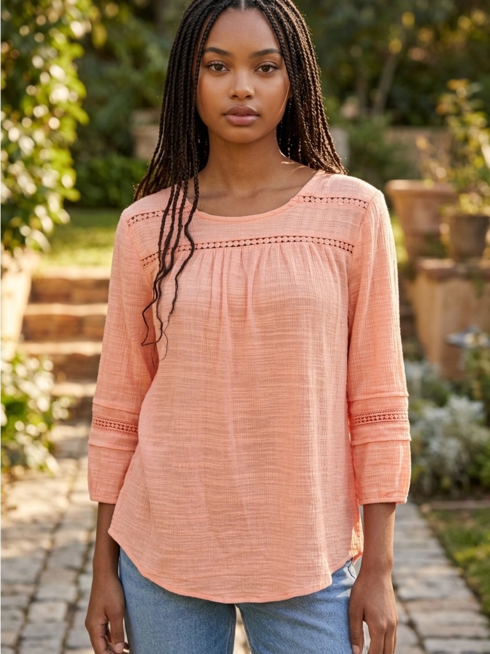 Ruby Rd Petite Peach Crochet Trim 3/4 Sleeve Blouse PS NWT Boho Lightweight Top